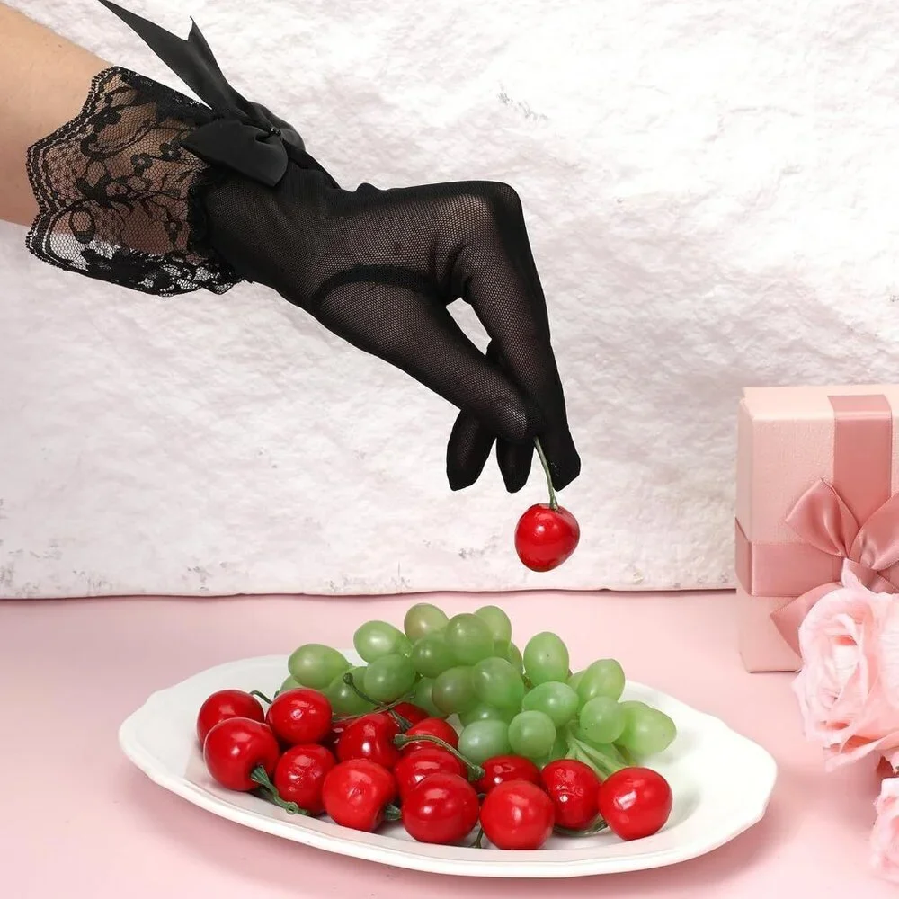 Women's Halloween Evening Black Elegant Ruffled Floral Short Bow Lace Gloves